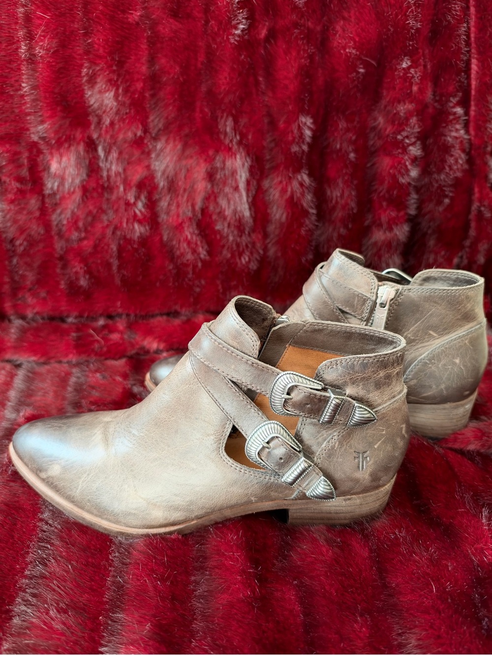 Frye Taupe Leather Buckle Cutout Ankle Boots